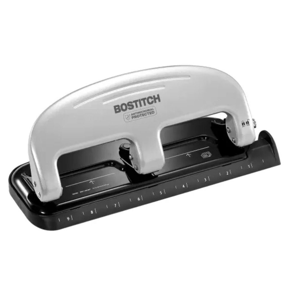 Bostitch EZ Squeeze 3-Hole Punch, Black/Silver